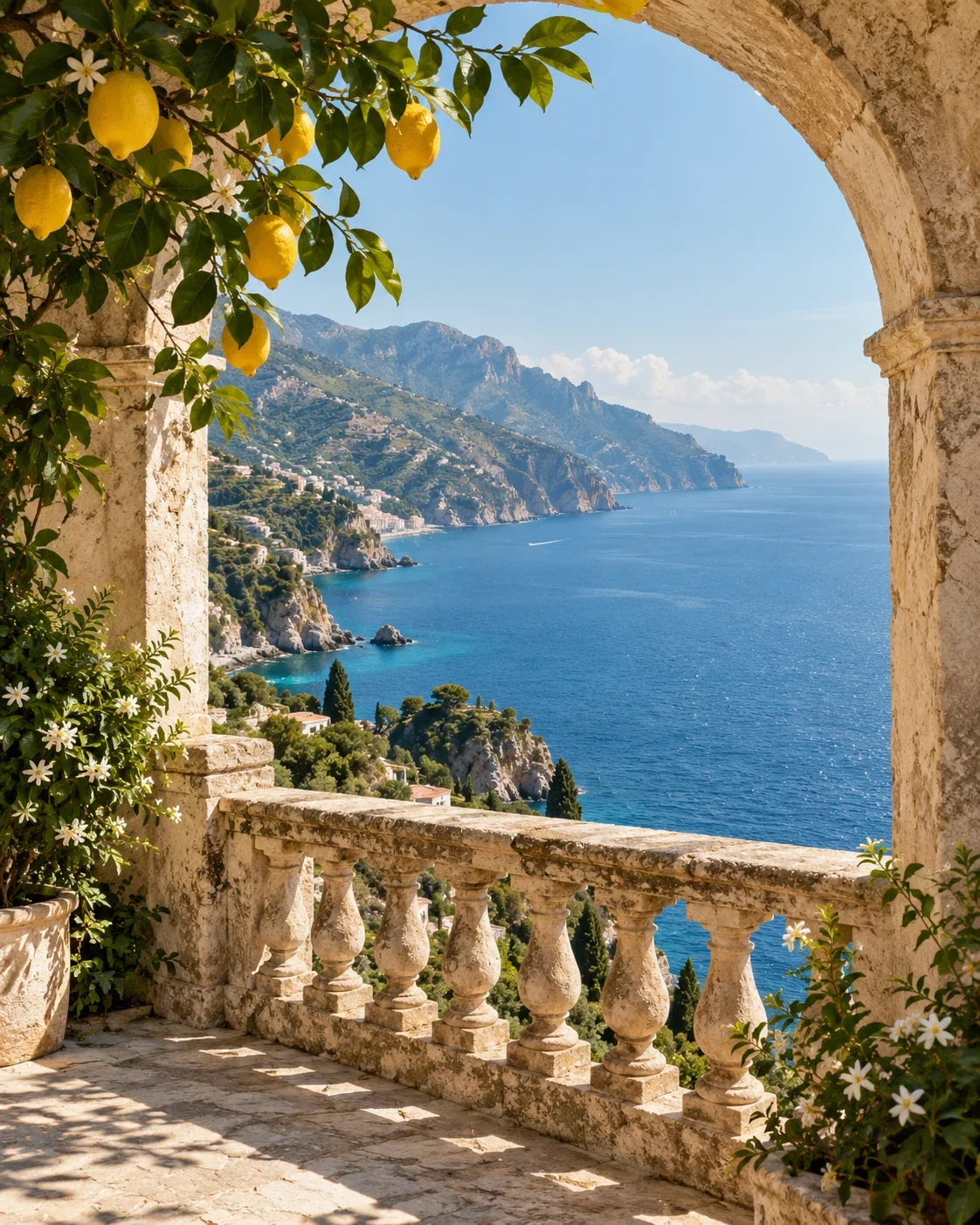 Imagined Mediterranean terrace with lemon branches and a blue sea horizon
